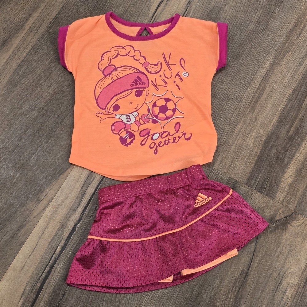 Adidas 12 Month Baby Girls Pink Orange Soccer Outfit T Shirt Skirt Shorts‎ Skort